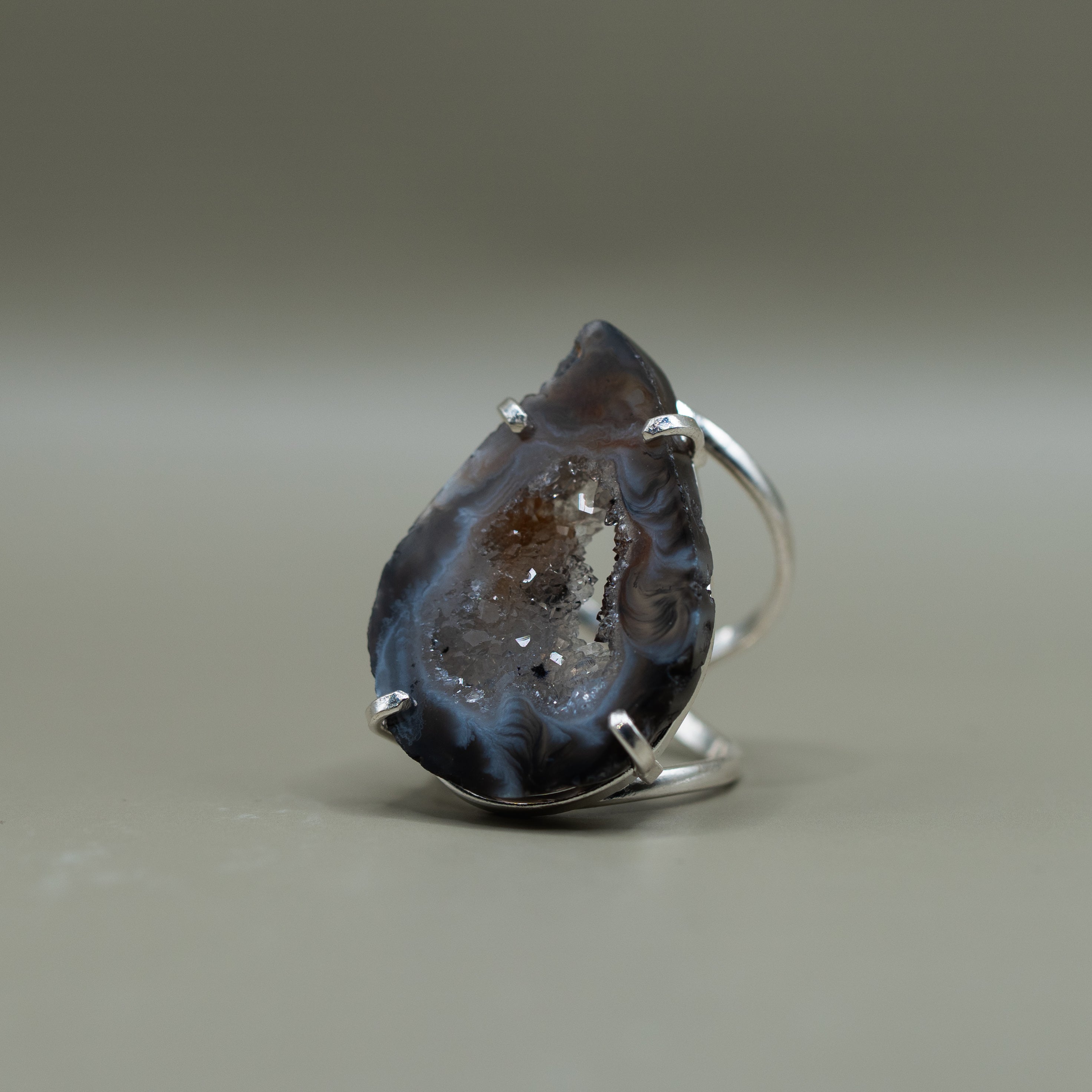 Achat Ring dunkel – versilbert, größenverstellbar