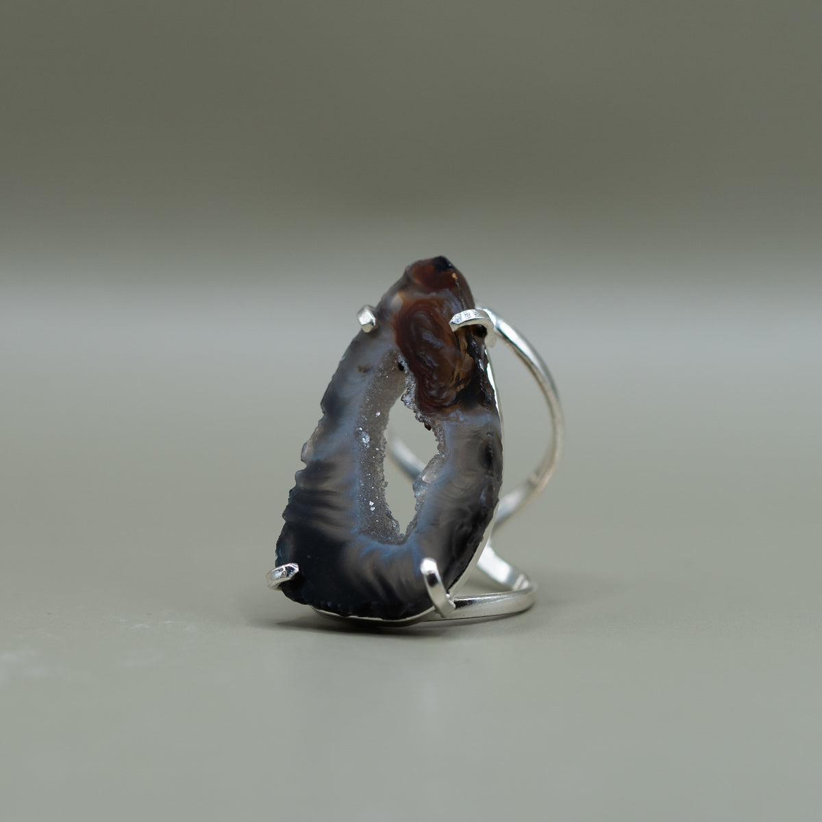 Achat Ring dunkel – versilbert, größenverstellbar