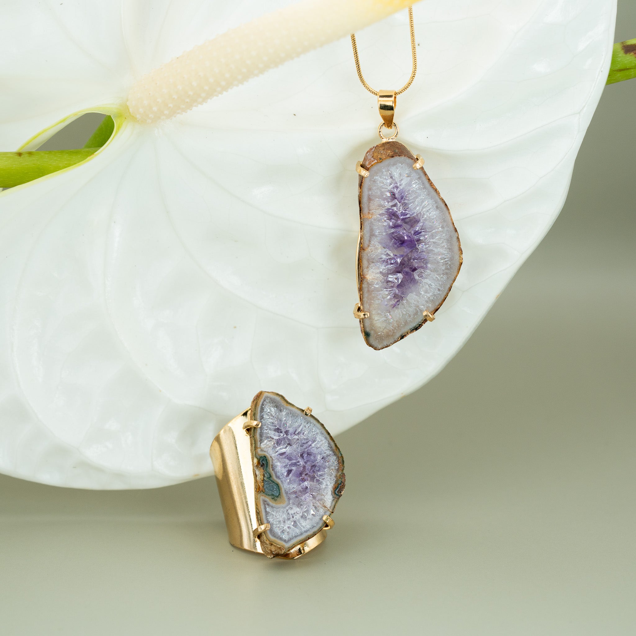 Amethyst Scheiben SET Amulette + Ring